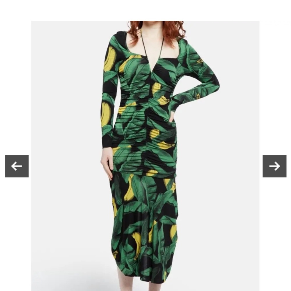 Ganni banana print rouch midi dress